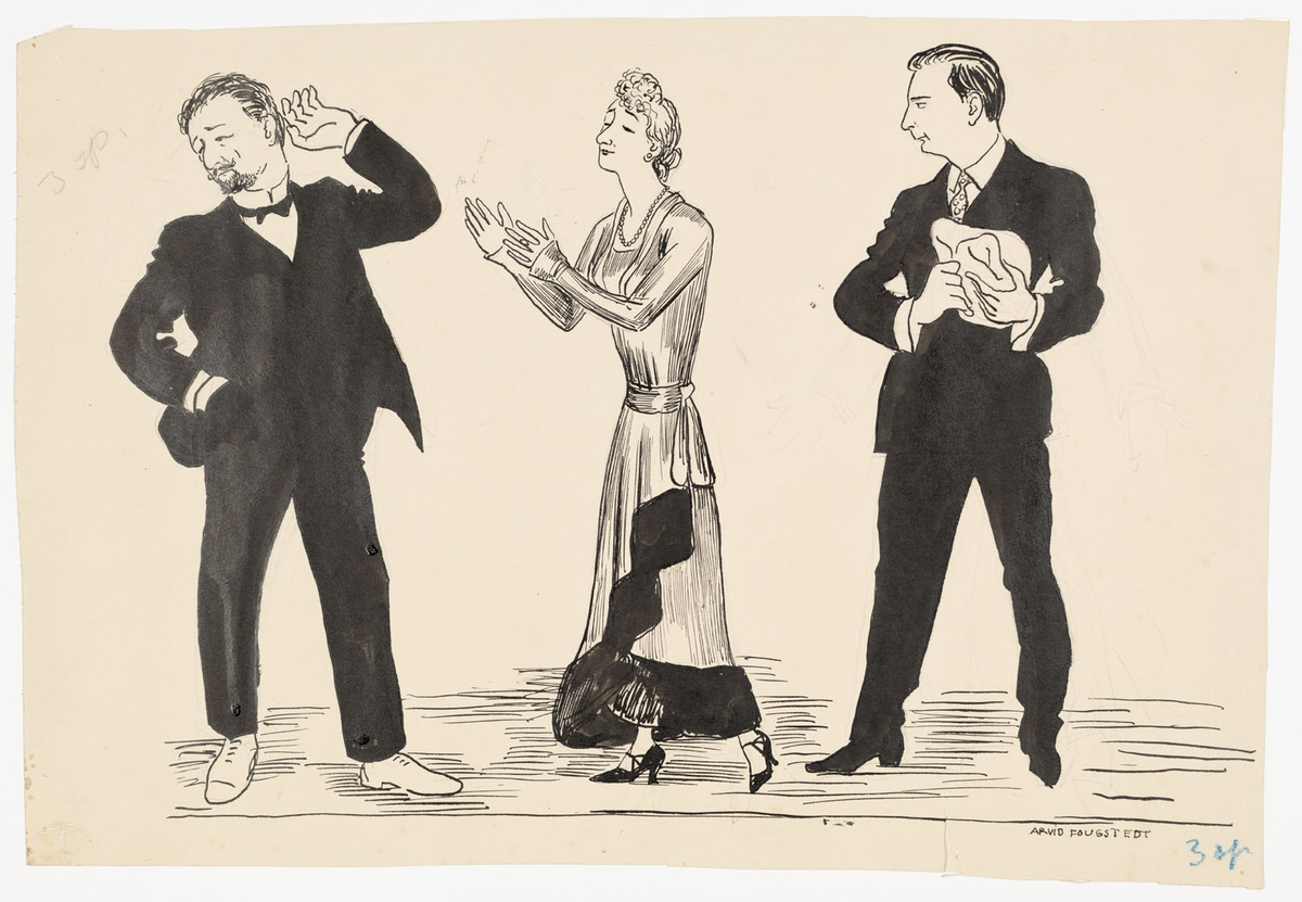 En kvinna (Tora Teje) i ankellång aftonklänning omgiven av två män i svarta kostymer. Mannen till vänster (Tore Svennberg) har fluga, mannen till höger (Sven Bergvall) har slips och håller en ljus hatt.
