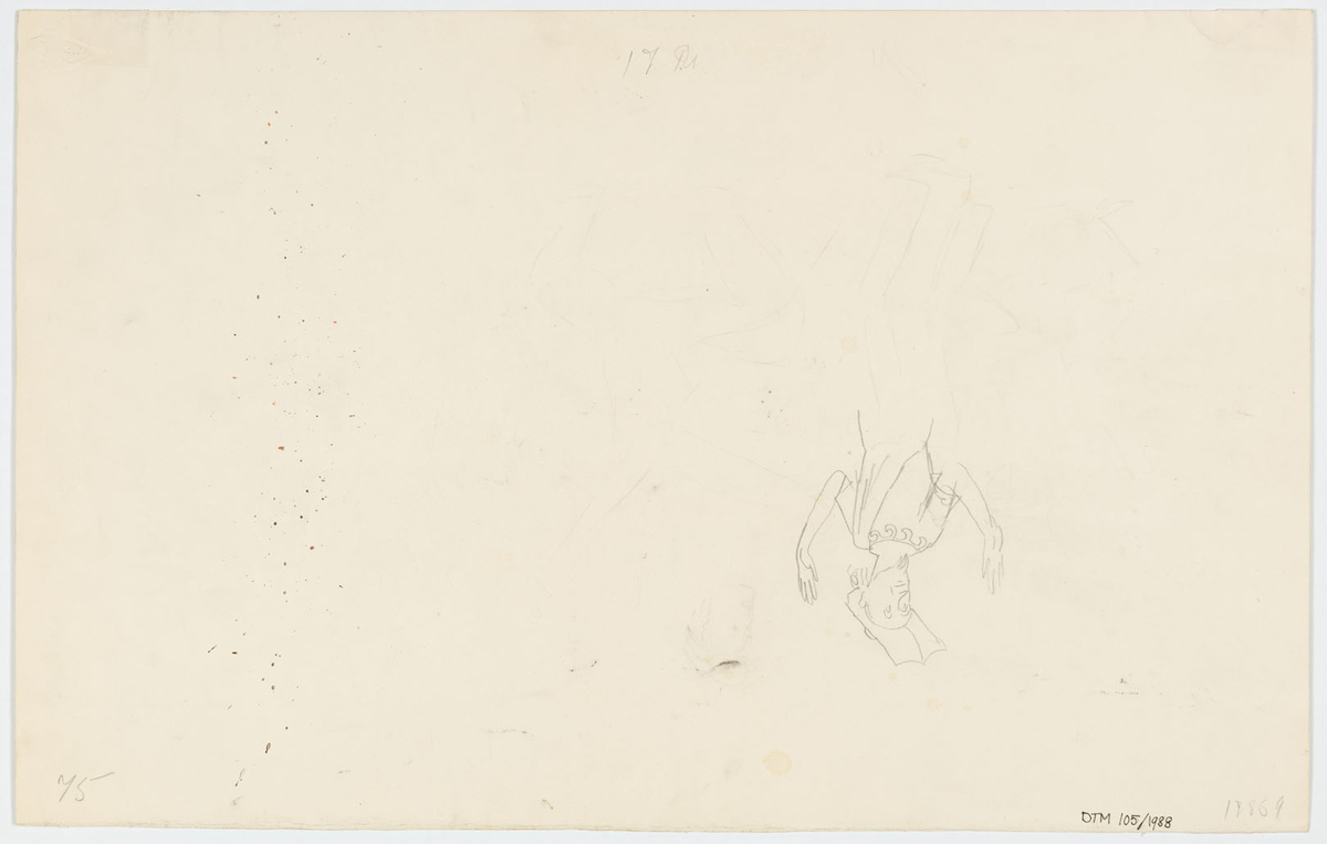 Två kvinnor och tre män. Längst till vänster en kvinna i fläckiga trikåer med kjortel och lockigt hår. Till höger om henne en man och en kvinna i geometrisk mönstrade kläder, hon i lång klänning, han i kort tunika, benskydd och svärd. Till höger om dem en man i tofflor, mönstrad tunika och en stor sax vid bältet. Han håller i en lampa och bär en stor hatt. Till höger om honom en man i randiga knäbyxor, strumpor och tröja - däröver en tunika. 
