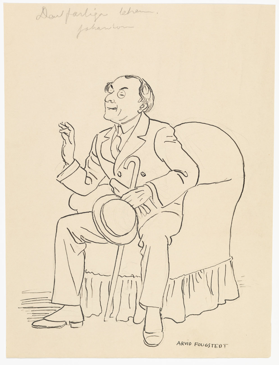 Man sitter i en fotölj iklädd kostym och damasker. I ena handen håller han en handske, hatt och en käpp. Han bär monokel.
