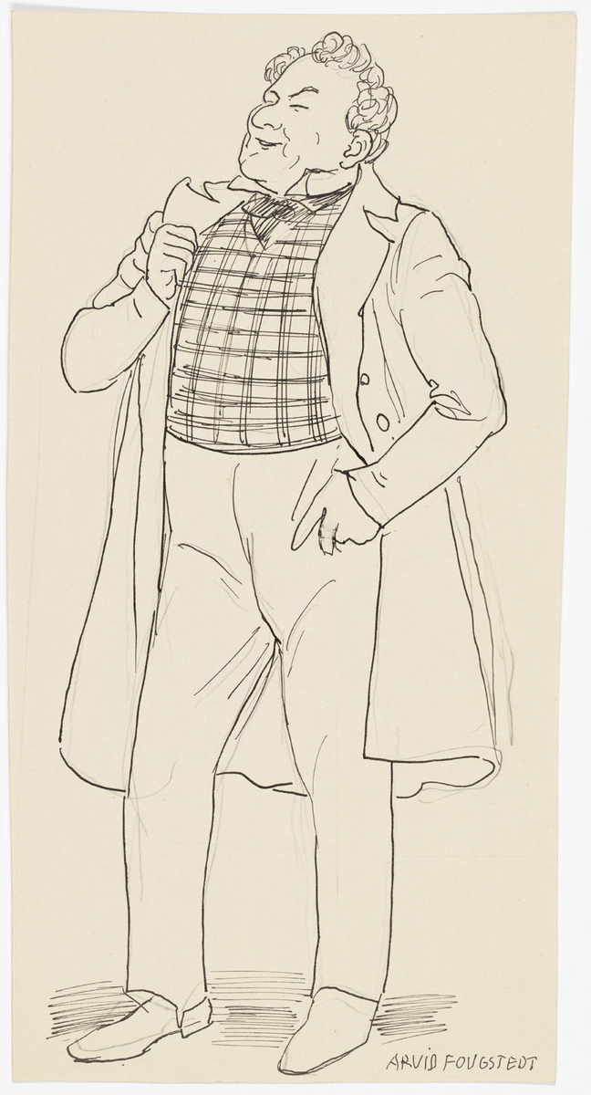 Man i helfigur iklädd ljusa byxor, öppen rock samt rutig väst. Skiss på baksidan med samma motiv.
