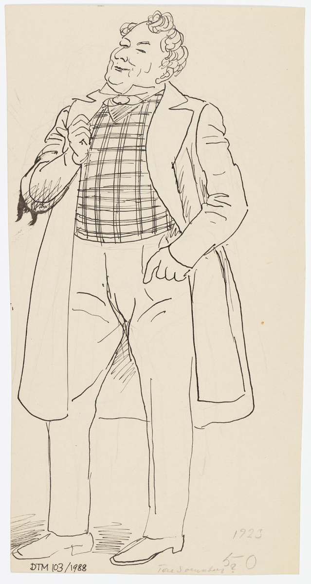 Man i helfigur iklädd ljusa byxor, öppen rock samt rutig väst. Skiss på baksidan med samma motiv.
