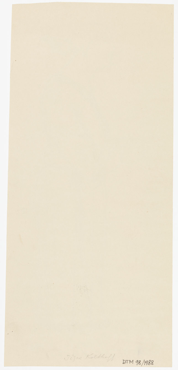 En kvinna i profil och helfigur vänd åt vänster. Hon är klädd i hellång tunn kappa eller eventuellt morgonrock med skärp och högklackade skor. Håret i hästsvans som står rakt ut från nacken.
