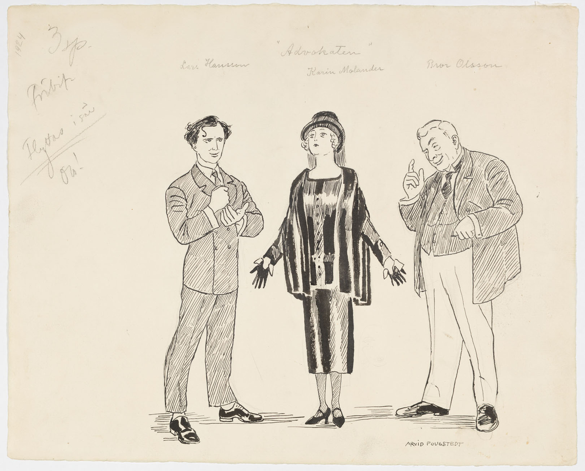 En kvinna och två män. Kvinnan (Karin Molander) står i mitten och är klädd i mörk klänning, jacka och hatt med slöja baktill. Mannen (Lars Hanson) till vänster bär kostym och mannen (Bror Olsson) till höger mörk kavaj, väst samt ljusa byxor.
På baksidan enkel skiss av ett kvinnligt huvud.