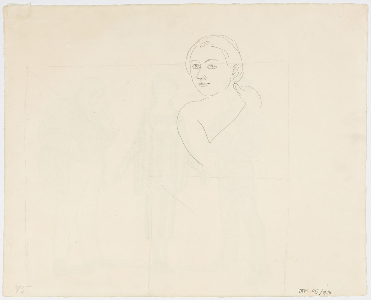 En kvinna och två män. Kvinnan (Karin Molander) står i mitten och är klädd i mörk klänning, jacka och hatt med slöja baktill. Mannen (Lars Hanson) till vänster bär kostym och mannen (Bror Olsson) till höger mörk kavaj, väst samt ljusa byxor.
På baksidan enkel skiss av ett kvinnligt huvud.