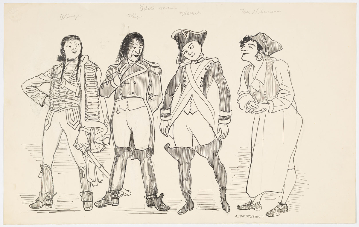 Fyra män i tre i olika uniformer med höga stövlar. Från vänster Torsten Winge, Ivar Kåge, Ivar Nilsson samt Jessie Wessel. Den fjärde mannen är klädd i skjorta, väst, knäbyxor och stort förkläde samt luva. I ena örat en guldring.
