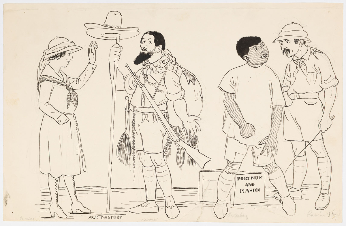 En kvinna och tre män. Två av männen bär safarikostymer. Den tredje mannen (Arthur Cederborg) bär kortbyxor och kortärmad tröja. Han står framför en låda märkt: "Fortnum and Mason". Kvinnan (Pauline Brunius) som är längst till vänster bär klänning, snörade stövlar, hatt och över axlarna en sjal. Mannen (Ivan Hedqvist) till höger bär även gevär och håller i en stång med två hattar på. Mannen (Erik Rosén) längst till höger håller en piska i sin vänstra hand. På baksidan skiss av en man med skägg.
