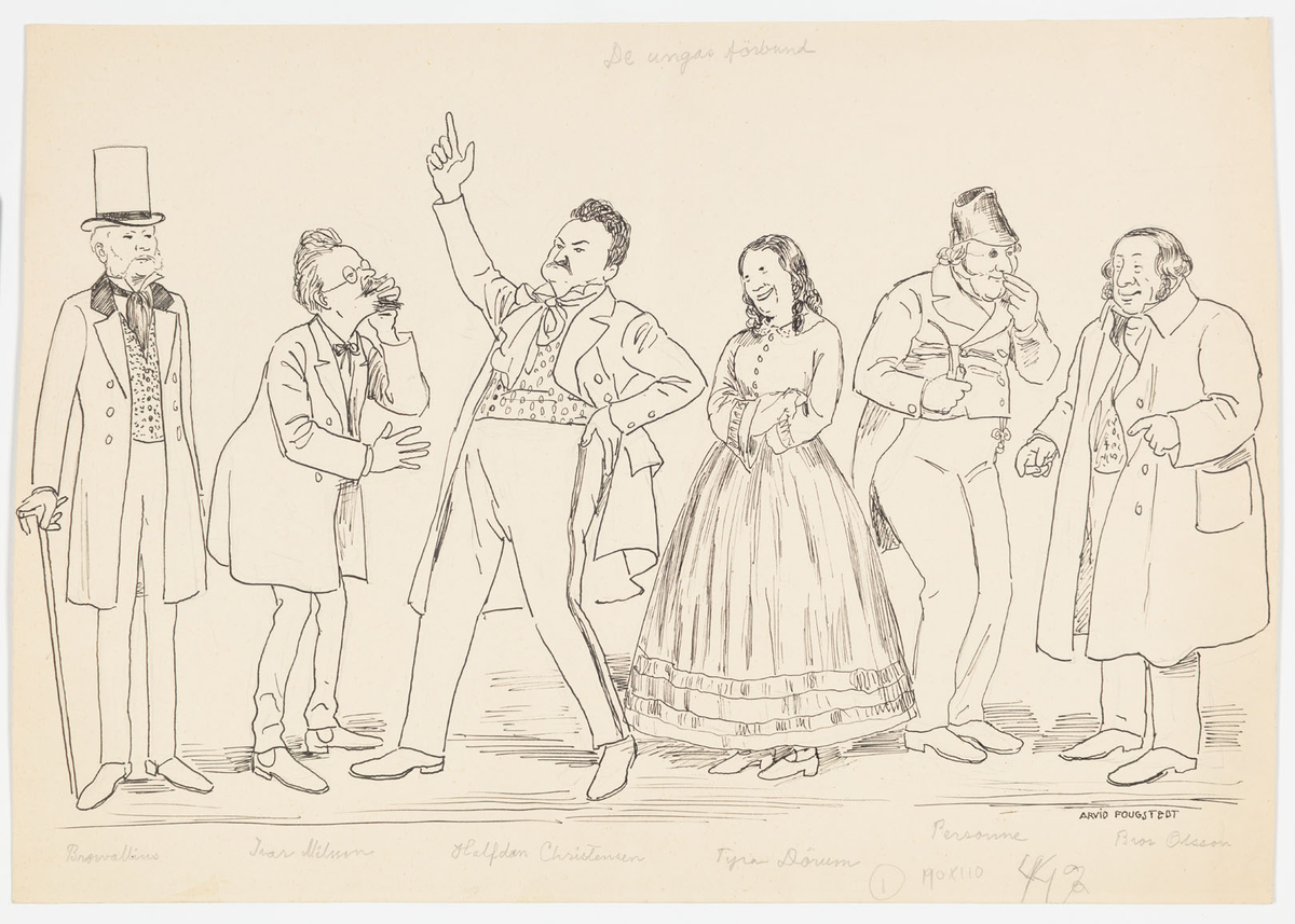 Fem äldre män och en kvinna. Till vänster man (Carl Browallius) i paletå och hög hatt. Till höger om honom en man (Ivar Nilsson) med runda glasögon och skägg, han är klädd i paletå. Bredvid honom en kraftig man (Halfdan Christensen) i paletå och byxor med revär. Han sträcker en hand rakt upp i luften. Till höger om honom en kvinna (Tyra Dörum) i hellång klänning med vid kjol. Bredvid henne en man (Nils Personne) i jacka med skört och en hög skärmhatt. Till höger om honom en man (Bror Olsson) i ytterrock och kraftiga polisonger. På baksidan skiss av manshuvud.
