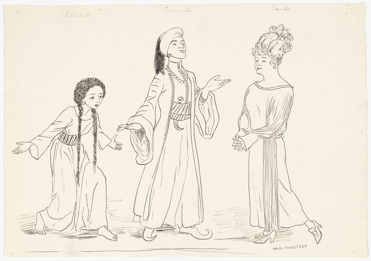 Längst till vänster niger en kvinna i lång, enkel klänning. Hon har två långa flätor och är barfota. Till höger om henne står en man i turban, lång kaftan, vida byxor samt snabelskor. Runt midjan ett brett bälte innanför vilken en dolk är instucken. Till höger en kvinna i lång aftonklänning och högt uppsatt hår.
