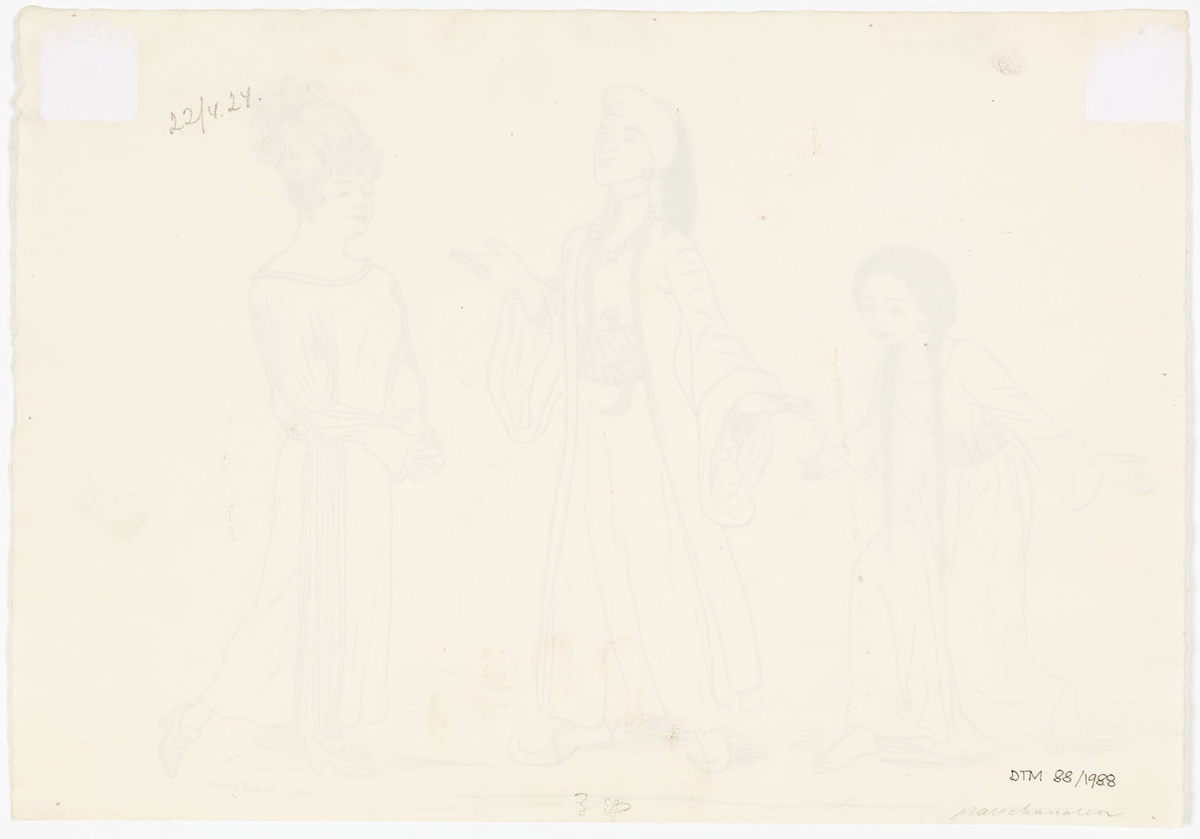 Längst till vänster niger en kvinna i lång, enkel klänning. Hon har två långa flätor och är barfota. Till höger om henne står en man i turban, lång kaftan, vida byxor samt snabelskor. Runt midjan ett brett bälte innanför vilken en dolk är instucken. Till höger en kvinna i lång aftonklänning och högt uppsatt hår.
