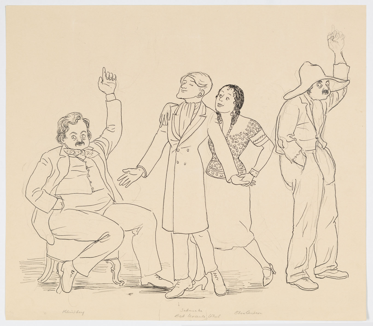 En kvinna i mönstrad blus, pärlhalsband och kjol, samt tre män. Längst till vänster på bilden sitter en man i kostym med ena handen i luften. Till höger om honom står en ung man i rock. Han håller kvinnan i handen. Till höger om henne står en man i byxor, jacka och stor slokhatt. Han gör samma gest med handen som mannen till vänster på bilden. 
På bilden baksida teckning av orientaliskt klädd man, en kvinna i långklänning sant en barfota flicka med långa flätor. (Rollporträtt från Marockanaren)
