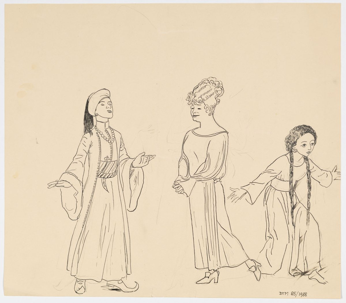 En kvinna i mönstrad blus, pärlhalsband och kjol, samt tre män. Längst till vänster på bilden sitter en man i kostym med ena handen i luften. Till höger om honom står en ung man i rock. Han håller kvinnan i handen. Till höger om henne står en man i byxor, jacka och stor slokhatt. Han gör samma gest med handen som mannen till vänster på bilden. 
På bilden baksida teckning av orientaliskt klädd man, en kvinna i långklänning sant en barfota flicka med långa flätor. (Rollporträtt från Marockanaren)
