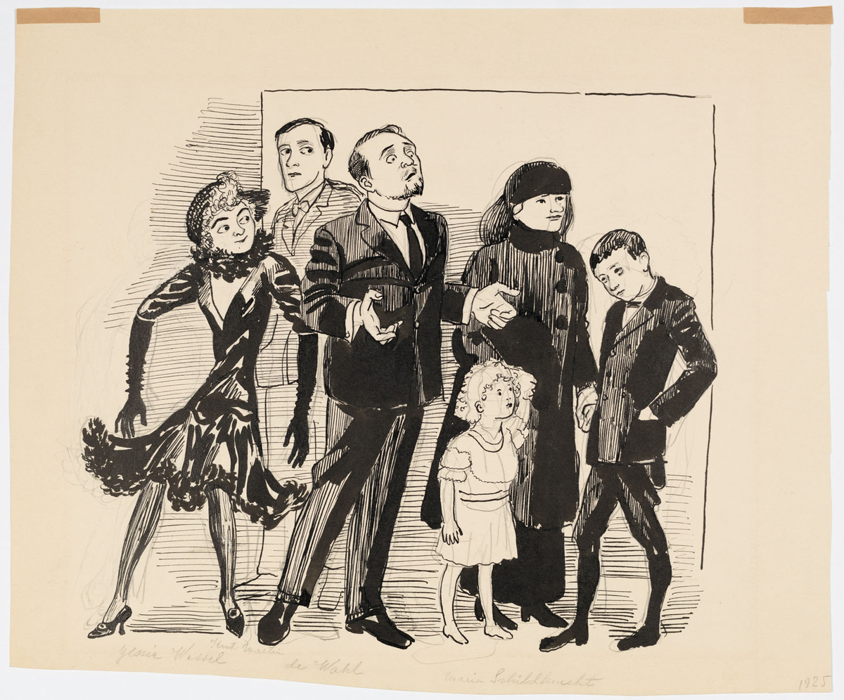 Två kvinnor, två män samt en ung pojke och en liten flicka. Alla är svartklädda utom den lilla flickan och en av männen. Männen bär kostym, pojken kavaj och knäbyxor och kvinnorna bär klänningar. En av kvinnorna har lång klänning med kappa över.
