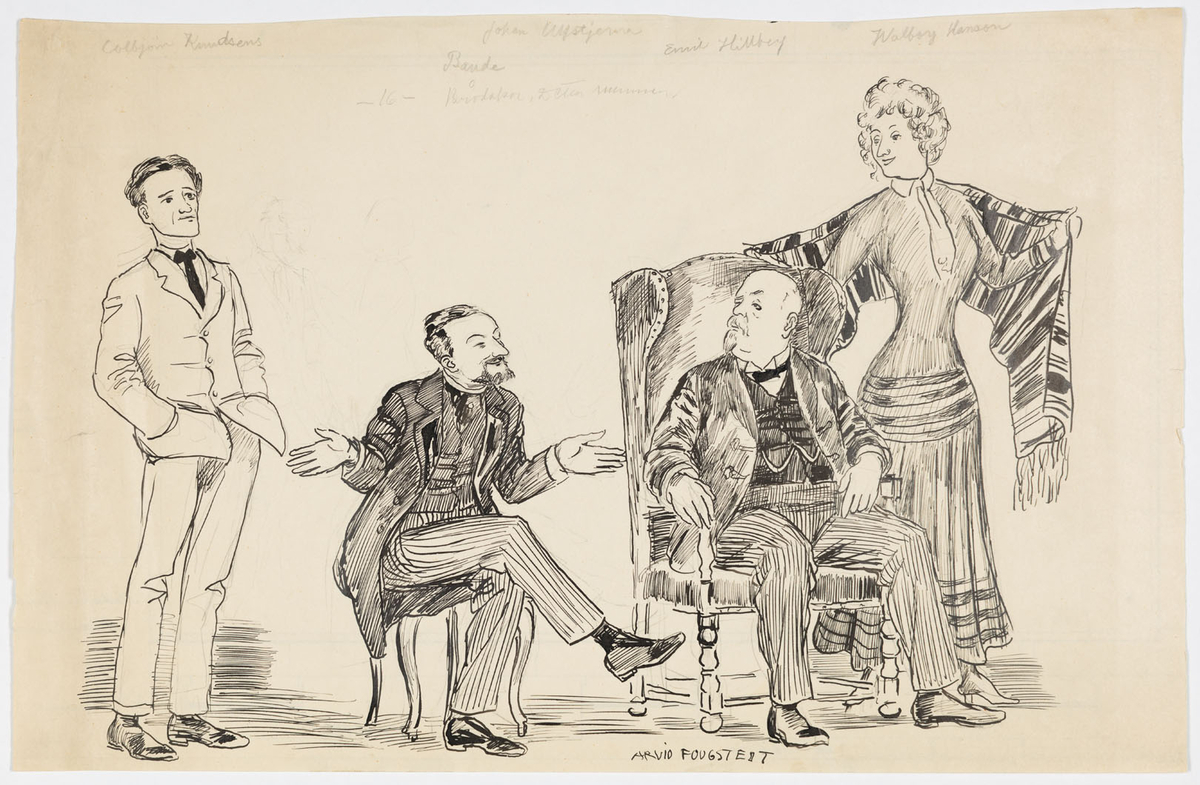 Tre män och en kvinna. Två av männen bär mörk kostym och väst. Till vänster om dem står en man i ljus kostym. Till höger om honom står en kvinna i lång klänning och en randig sjal.
