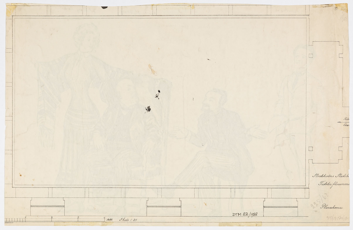 Tre män och en kvinna. Två av männen bär mörk kostym och väst. Till vänster om dem står en man i ljus kostym. Till höger om honom står en kvinna i lång klänning och en randig sjal.
