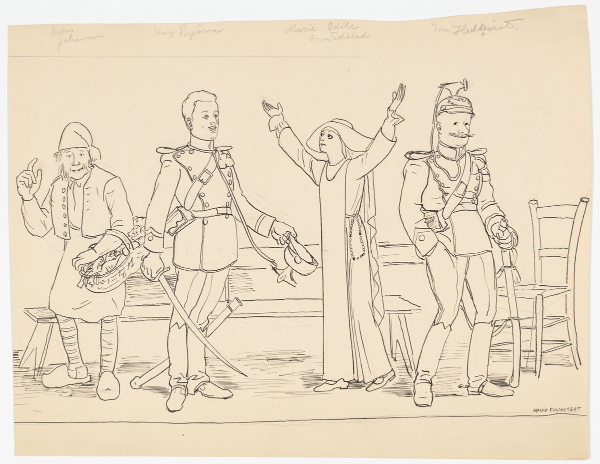 Tre män, varav 2 i uniform, och en kvinna. De står framför en lång bänk och ett bord samt en stol. Längst till vänster på bilden en man i luva, förkläde och träskor. Kvinnan är klädd i nunnedräkt med dok och radband fäst vid midjeskärpet.
