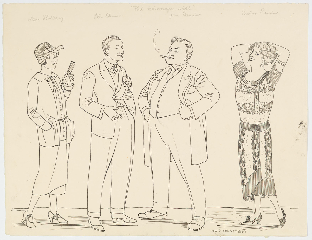 Två kvinnor och två män vilka står i mitten och är iklädda kostymer. Kvinnan till vänster bär dräkt och hatt, kvinnan till höger bär en mönstrad klänning.
