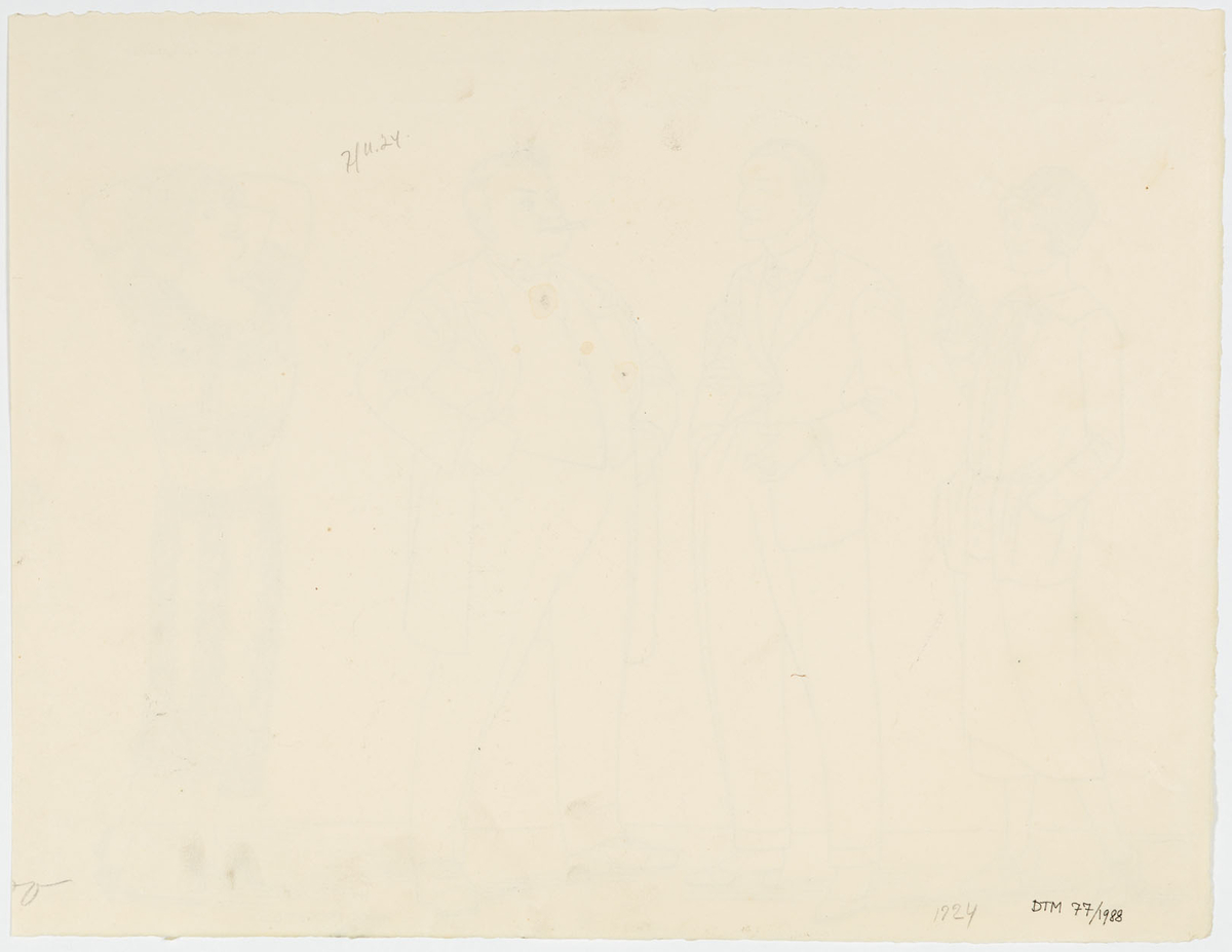 Två kvinnor och två män vilka står i mitten och är iklädda kostymer. Kvinnan till vänster bär dräkt och hatt, kvinnan till höger bär en mönstrad klänning.
