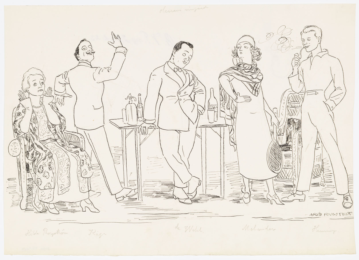 Två kvinnor och tre män. Längst till vänster sitter en kvinna i en korgstol. Hon är klädd i klänning och blommig lång jacka. Till höger om henne gestikulerar en kostymklädd man med monokel och mustasch. Till höger om honom står en dito klädd man lutad mot ett bord med flaskor och glas. Vid hans sida står en kvinna i enkel klänning och mönstrad sjal draperad över axlarna. Hon håller i ett tennisracket. Till höger om henne står en piprökande man iklädd byxor och tröja med krage. Mellan kvinnan och mannen skymtar en korgstol. På baksidan blyertsskiss av en man.
