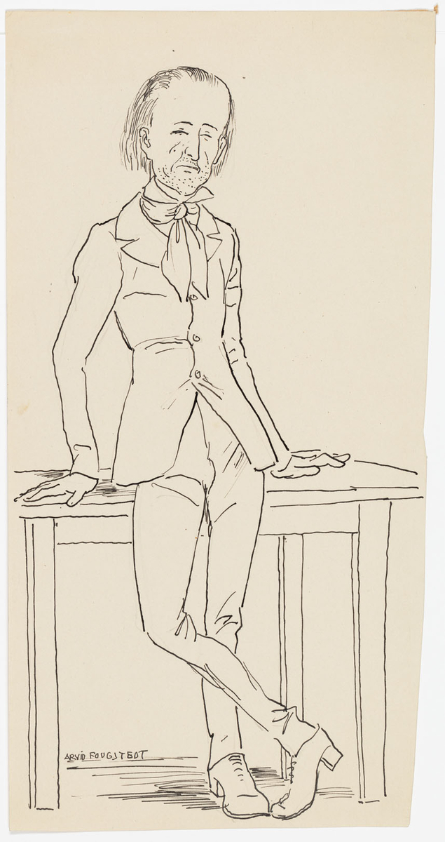 En smal man i trång kavaj och byxor samt kravatt knuten runt halsen. Han lutar sig mot ett bord som står bakom honom. Han har hög panna, relativt långt hår samt skäggstubb.
