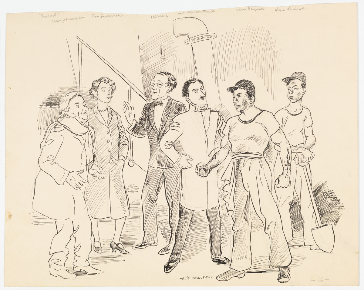 Fem män och en kvinna mot en bakgrund av en trappa och ett stort järnrör. Längst till vänster en man (Oscar Johanson som Teofil Somring) i ytterrock och halsduk. Bredvid en kvinna (Tyra Sanderholm som Gloria) i mörk kappa. Till höger om henne en man (Gösta Hillberg som Ernst Ingerson) som bär mörk kostym och fluga. Bredvid en man (Olof Winnerstrand som Vincent Vint) i ljus ytterrock och mörka byxor. Två män till höger i bild är iklädda t-shirts, mössor med skärm samt långbyxor. Den ena (Sven Bergvall som eldförman Gobb) har tatuerade underarmar. Den andra (Tore Lindvall som Boy) håller i en spade.
