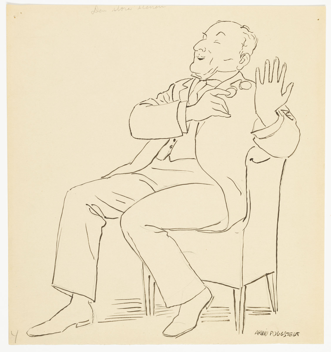 En äldre man sittandes i en fåtölj. Han är klädd i ljus kostym med väst och håller en pincené i handen.
