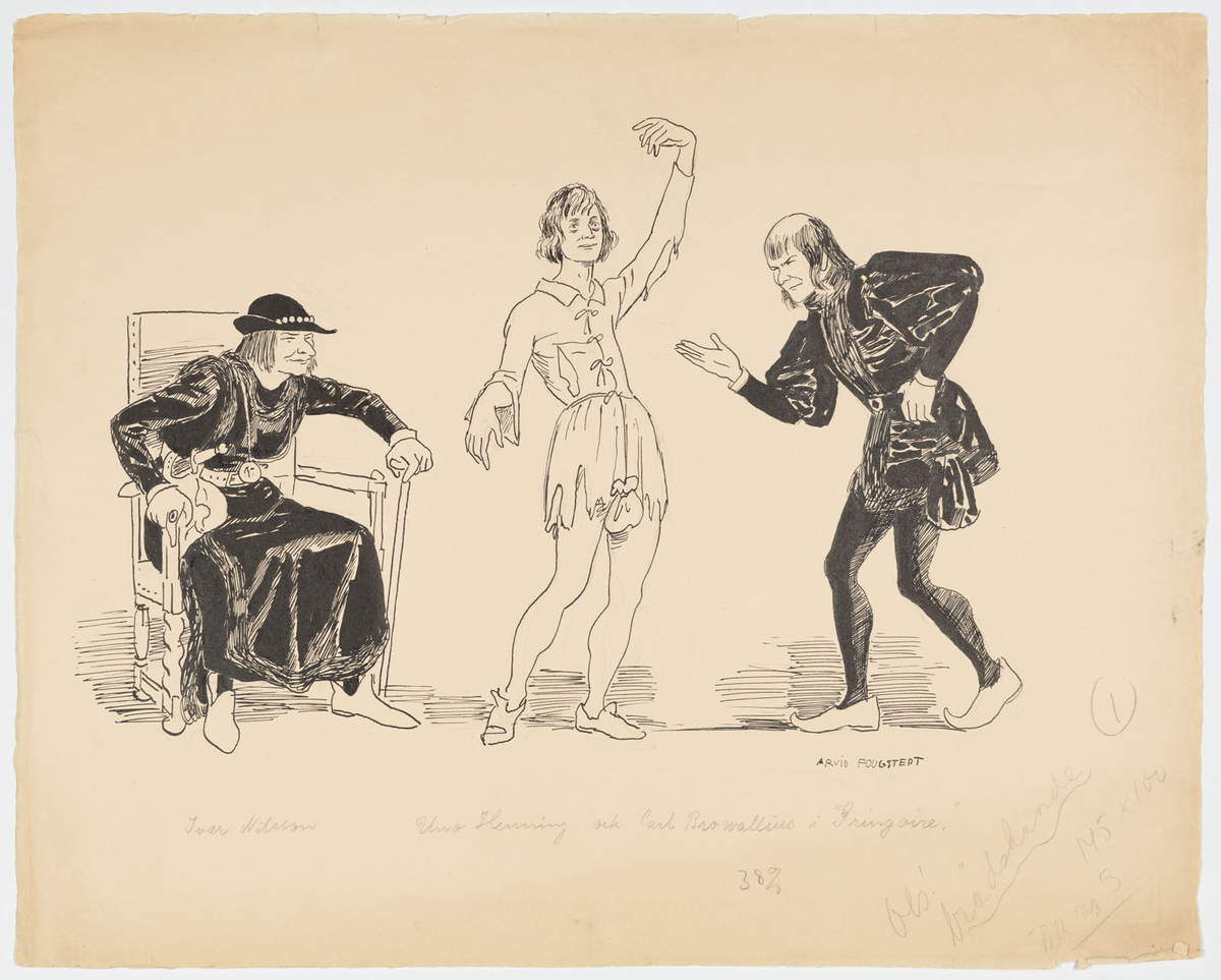 Tre män. Till vänster sitter en svartklädd man på en länstol och stödjer ena handen på en käpp. I midjebältet en dolk. Till höger om honom en man i trasiga kläder med ena armen lyft i luften. Till höger om honom en svartklädd man som bugar något och sträcker fram en hand mot mannen i mitten.
