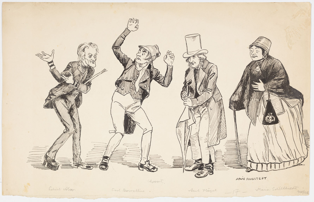 Längst till vänster äldre man iklädd mörk kostym och två olika skor. Han gestikulerar med båda händerna. Bredvid en yngre man klädd i folkdräkt med knäbyxor och mössa, med båda armarna i luften. Till höger en äldre man klädd i bonjour med breda slag och hög hatt som håller i ett paraply med båda händerna. Längst till höger en äldre kvinna iklädd fotsid klänning med vid kjol, hatt och svart sjal draperad över överkroppen. Hon har en käpp i höger hand och en svart redikyl med dekor runt vänstra handleden. 
