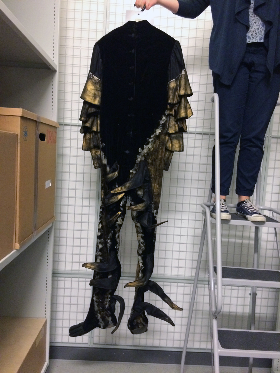 En svart heldräkt med en liten svart uppstående krage. Ärmar och sidor har ett påmålat gyllne, silverfärgat mönster. Benen avslutas med svarta fötter med långa böjda klor. Ärmarna har fyra påmålade (gyllen) rundgående applikationer samt två hyskor och hakar på varje sida. På baksidan åtta svarta knappar, en hyska och en hake. Fodret är grått.
