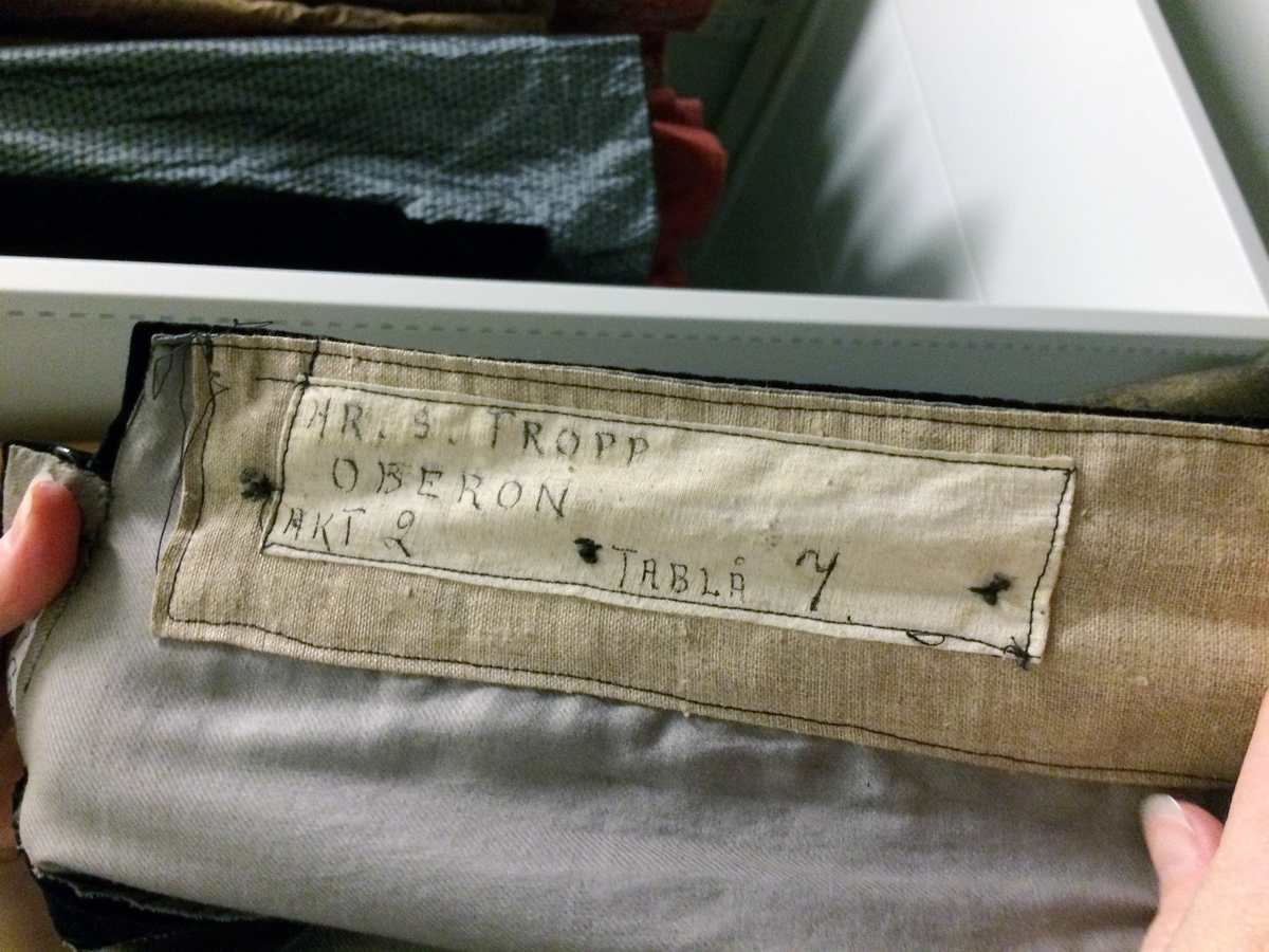 En svart heldräkt med en liten svart uppstående krage. Ärmar och sidor har ett påmålat gyllne, silverfärgat mönster. Benen avslutas med svarta fötter med långa böjda klor. Ärmarna har fyra påmålade (gyllen) rundgående applikationer samt två hyskor och hakar på varje sida. På baksidan åtta svarta knappar, en hyska och en hake. Fodret är grått.
