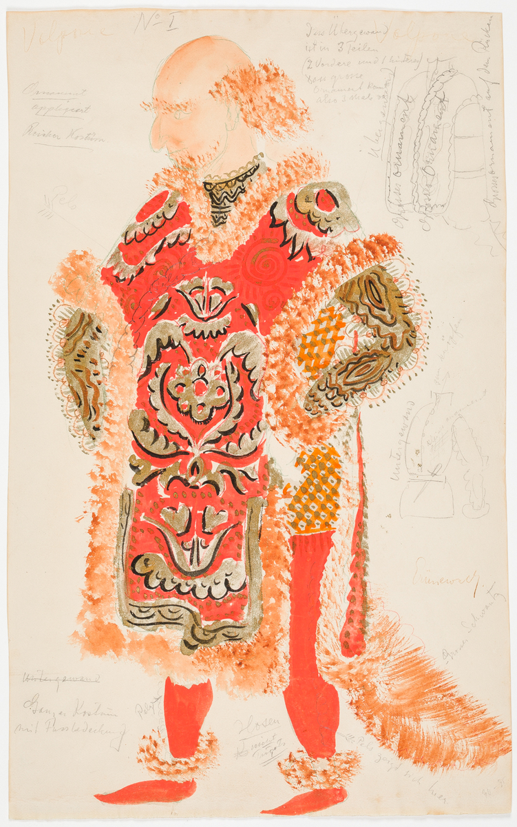 Bilden föreställer en man med kal hjässa, skägg och yvigt hår i nacken. Han är iklädd pälskantad kostym i rött, guld och svart samt har en yvig svans. Dessutom två blyertsteckningar av detaljer.
