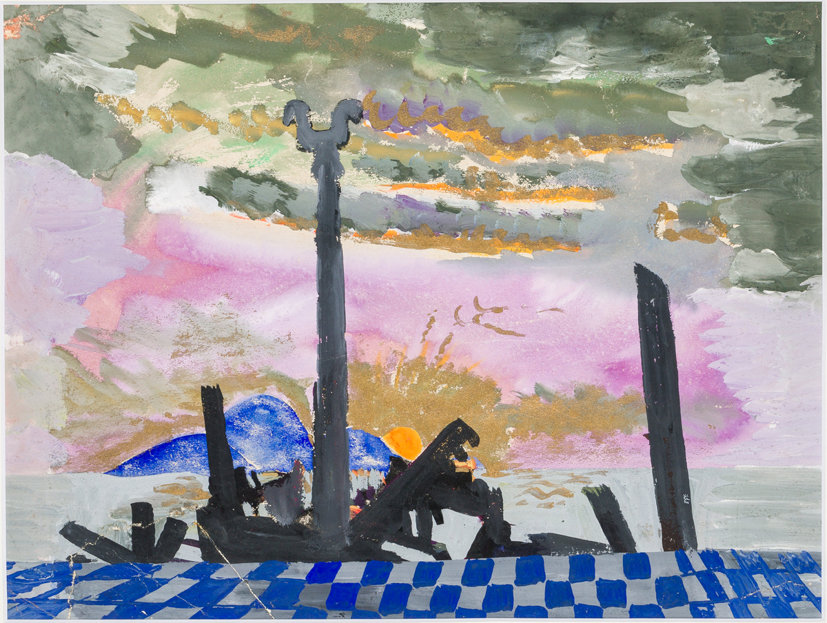 I förgrunden blå/silver-rutigt golv. Sedan ruiner mot gröngråa ovädersmoln och uppgående sol. Eventuellt en vattenyta med horisont men målad i grått.
