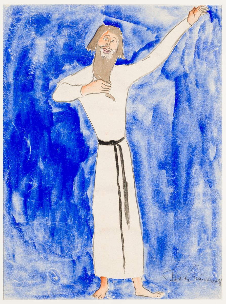 Långhårig och skäggig barfota man i hellångt vitt linne med svart snöre som skärp. Han har ena armen lyft åt sidan och den andra mot bröstet. Han tittar mot publiken med snäll blick. Blå bakgrund.
