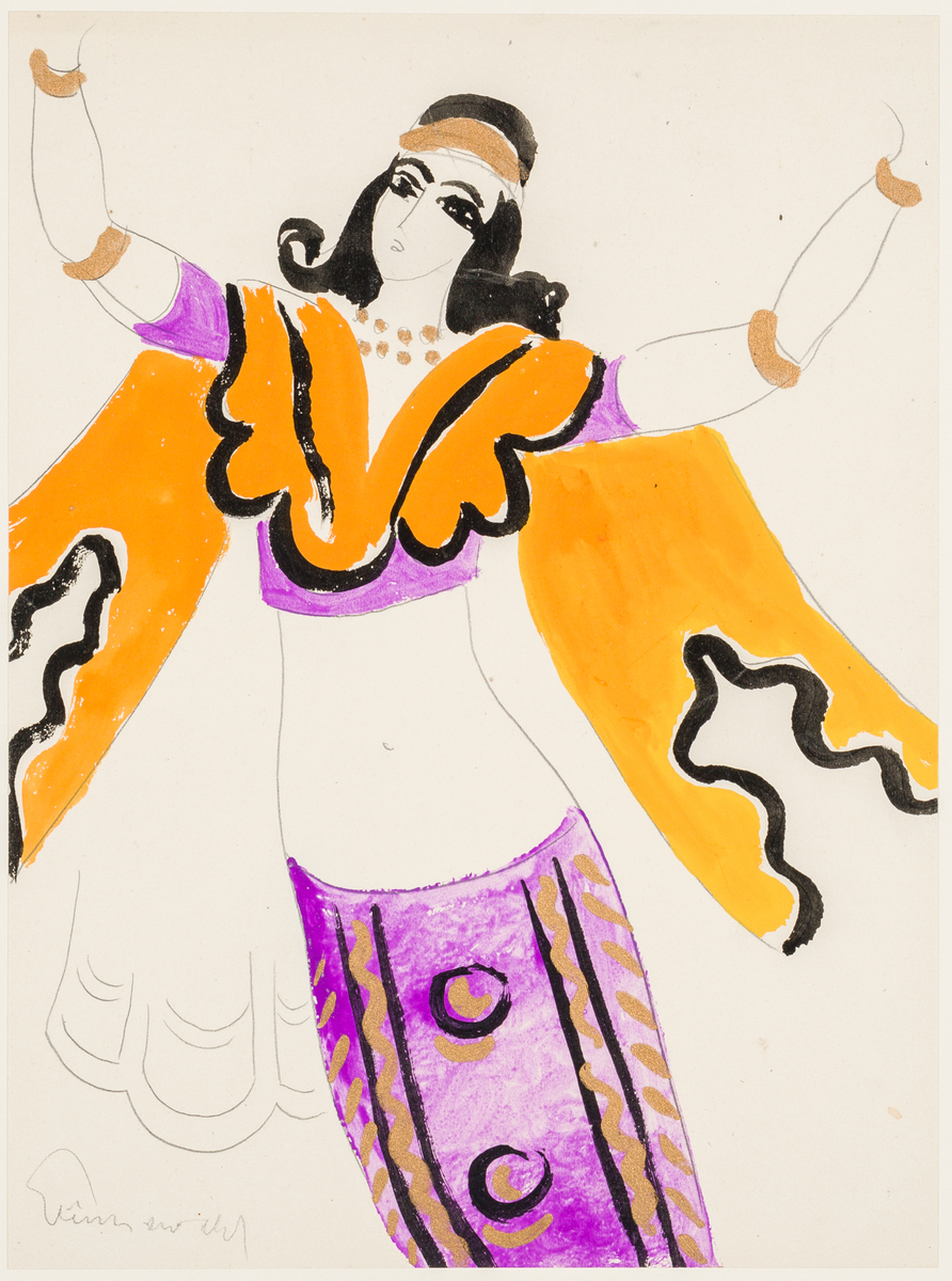 Midjebild av dansande kvinna med kjol och  kortbrämad bolero i lila och guld om halsen, brun slöja med svart bård. Brunt pannbande eller diadem i håret. Hon sträckar upp armarna. Armringar kring handleder och armbågar isamma färg som pannbandet.
