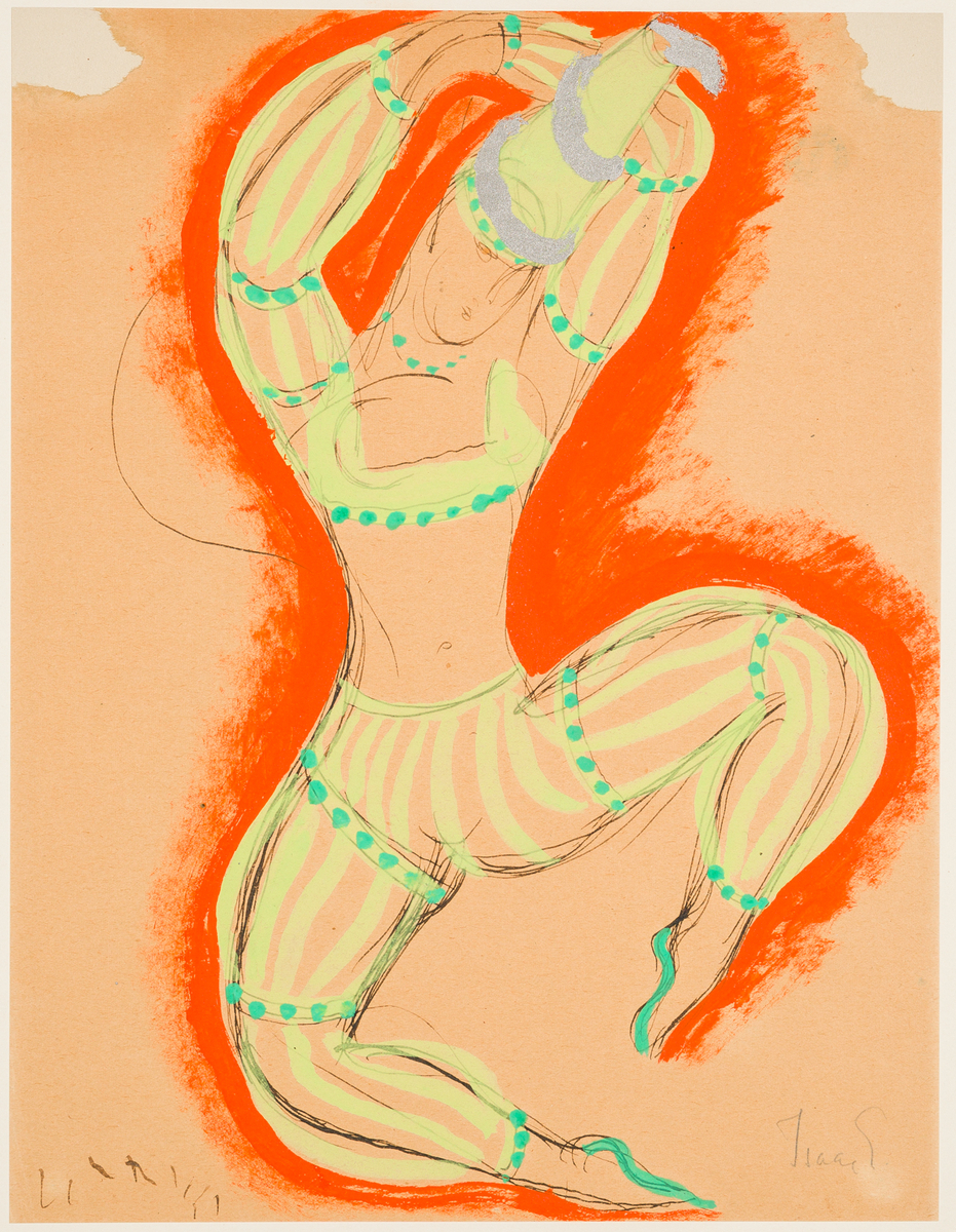 Dansande kvinna i grön/vit-randiga odaliskbyxor, d:o bolero med ärmar. På huvudet strutformig hatt. Uppsträckta armar.
