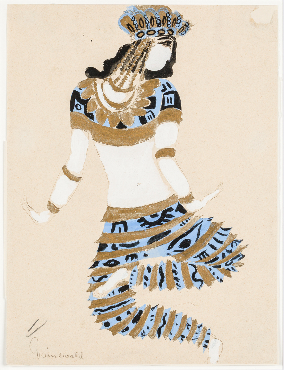 Dansande kvinna i bajadärbyxor, blå med guldränder  svarta figurer, d:o kort bolero  hårprydnad.
