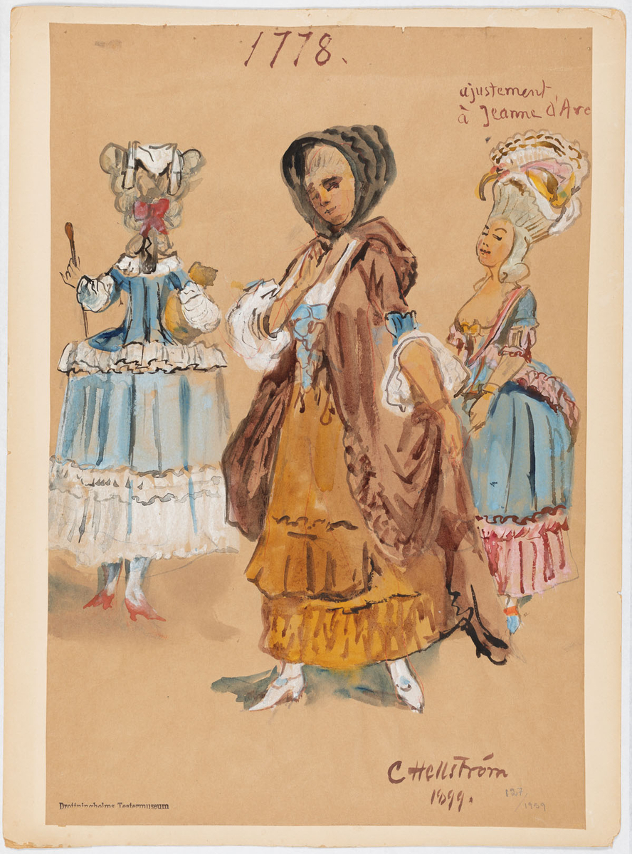 Tre damer, den mittersta i brun dräkt, de två andra i ljusblå rokokodräkt (1748)
