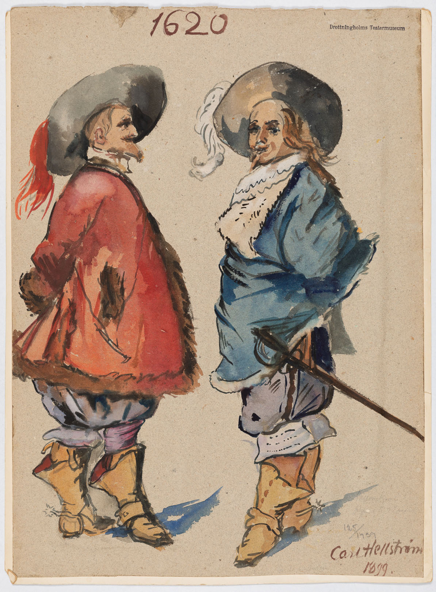 2 förnäma män i 1600-talskostymer, den vänstra med röd, den högra med blå knappar.
