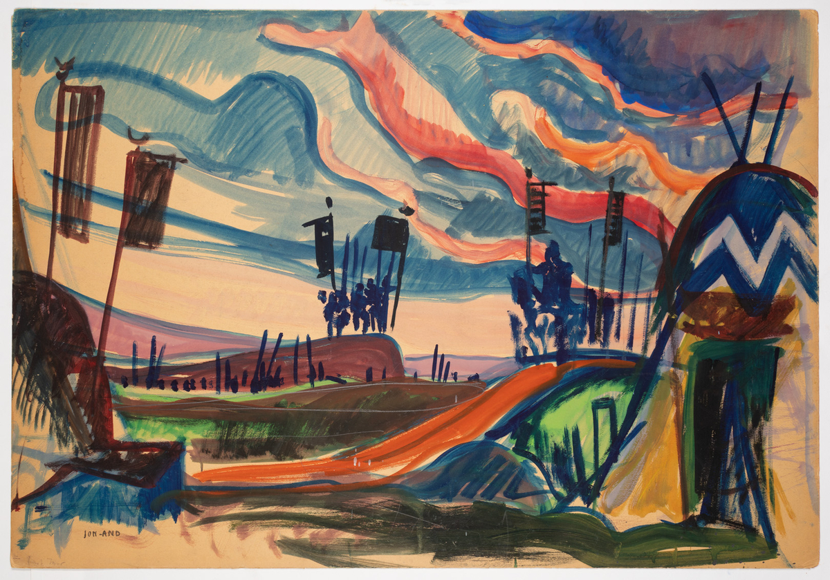 Kuperat landskap. Bergsknallar i brunt, orange, blått och grönt. Grupperingar av soldater med fanor. Till höger i förgrunden ett tält med en tältöppning. Himmel i blått rosa och orange.
