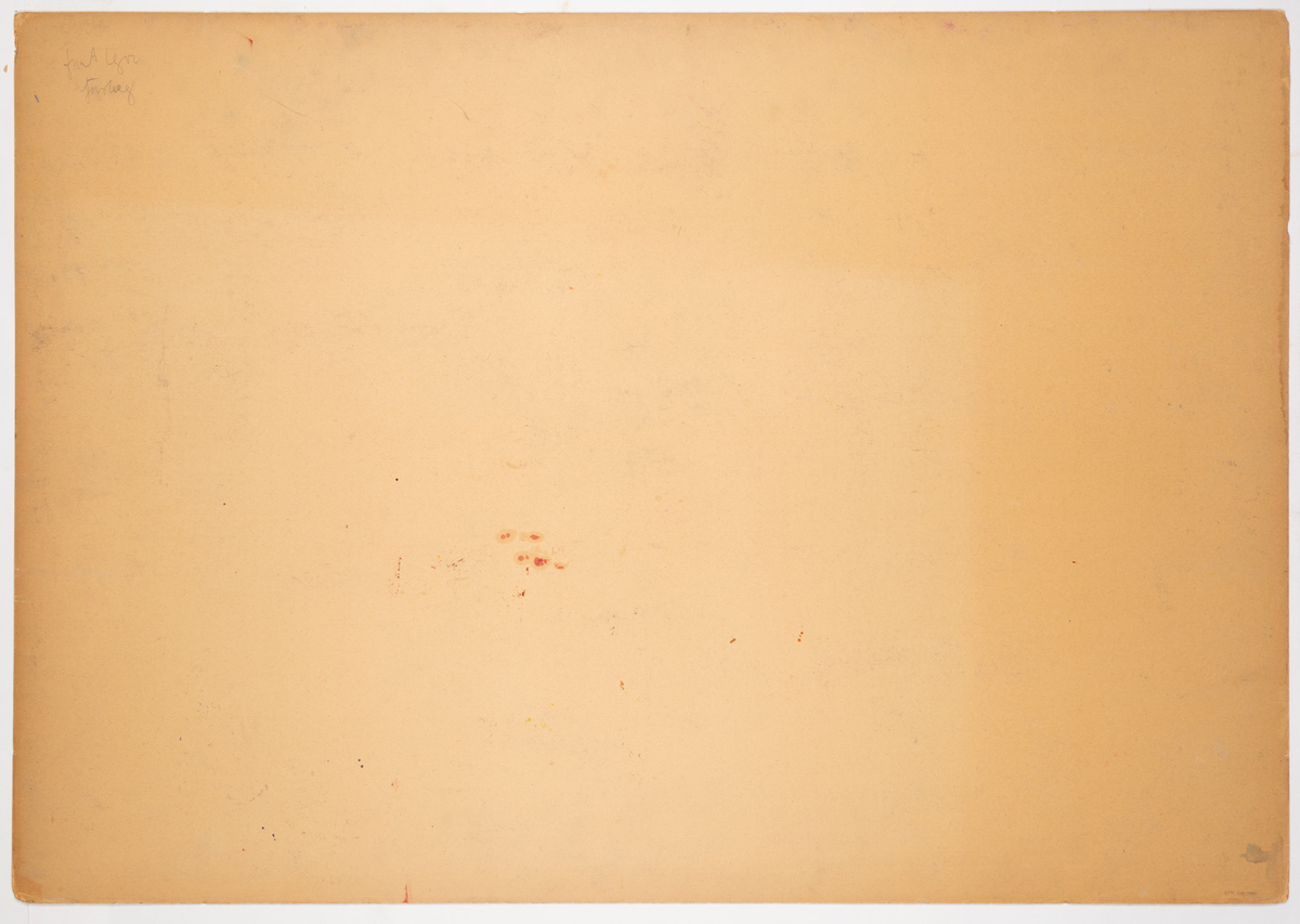 Kuperat landskap. Bergsknallar i brunt, orange, blått och grönt. Grupperingar av soldater med fanor. Till höger i förgrunden ett tält med en tältöppning. Himmel i blått rosa och orange.
