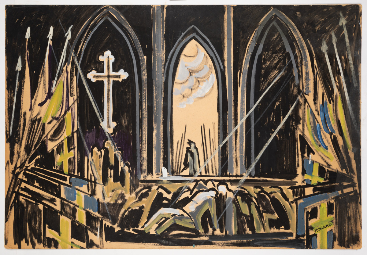 En interiör. I fonden tre spetsbågade dörrar. Den mittersta är öppen, en person står i mitten, moln syns. Dörren till vänster har ett kors. I förgrunden syns flera personer i svart, vitt och grågrönt knäfalla. På båda sidor av bilden flaggor i gult och blått. Strålkastare kommer in från sidorna.
