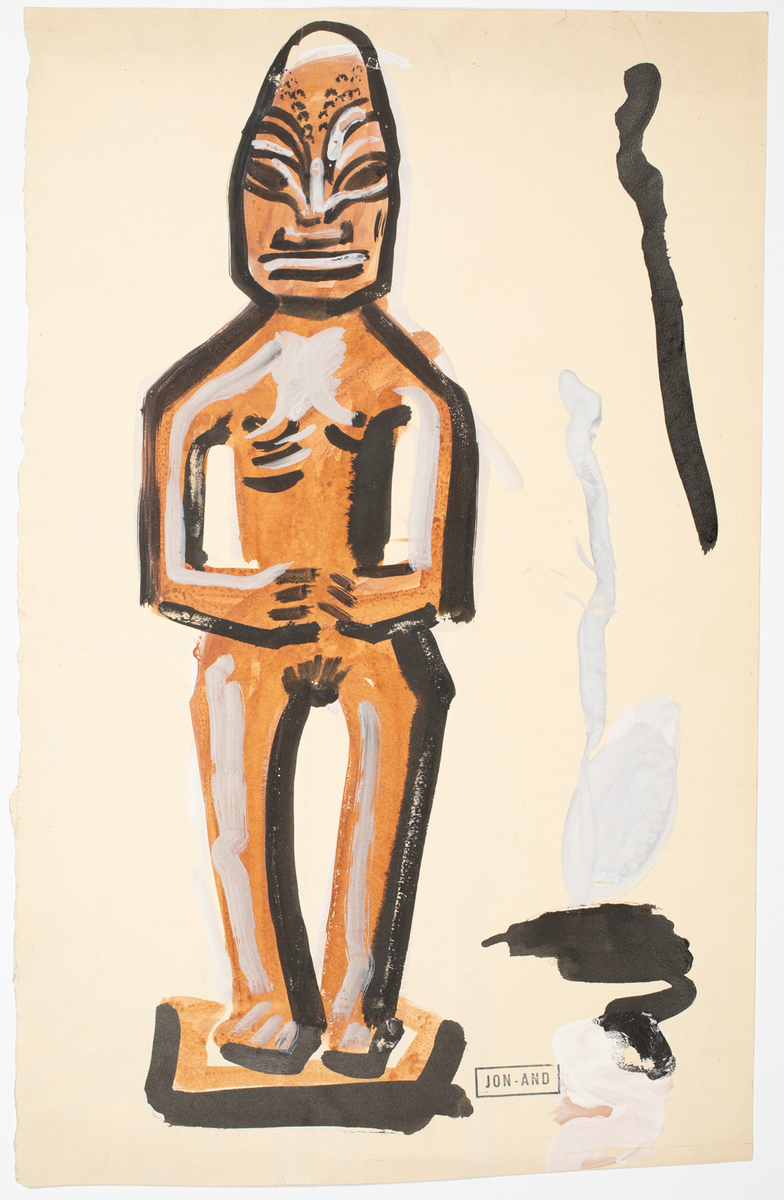 Skulptur på podium av naken man i brunt, ljusgrått och svart. På baksidan del av akvarellteckning i rött. Sannolikt detalj av dekor.
