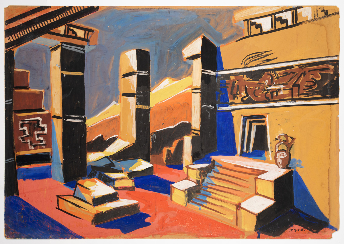 Till höger en trappa som leder upp till en dörröppning i en gul byggnad. Byggnaden har brun och vit relief dekor. Till vänster på bilden podier, stenblock och tjocka pelare. Marken är orangefärgad. Till vänster i bakgrunden en brun geometrisk byggnad med svart och vit dekor. Gula och oranga berg i bakgrunden. Blå skuggor. Grå himmel. Liknande motiv som 109/1989
