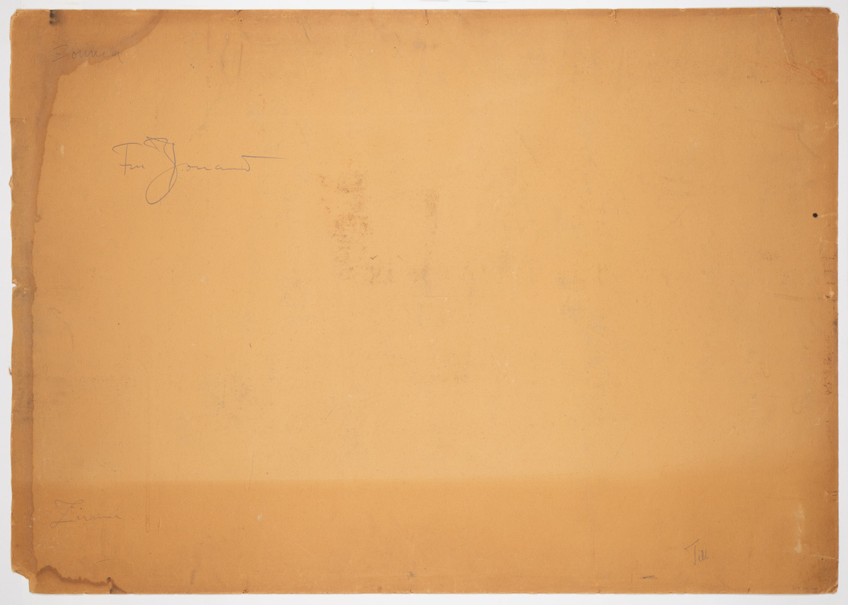 Till höger en trappa som leder upp till en dörröppning i en gul byggnad. Byggnaden har brun och vit relief dekor. Till vänster på bilden podier, stenblock och tjocka pelare. Marken är orangefärgad. Till vänster i bakgrunden en brun geometrisk byggnad med svart och vit dekor. Gula och oranga berg i bakgrunden. Blå skuggor. Grå himmel. Liknande motiv som 109/1989
