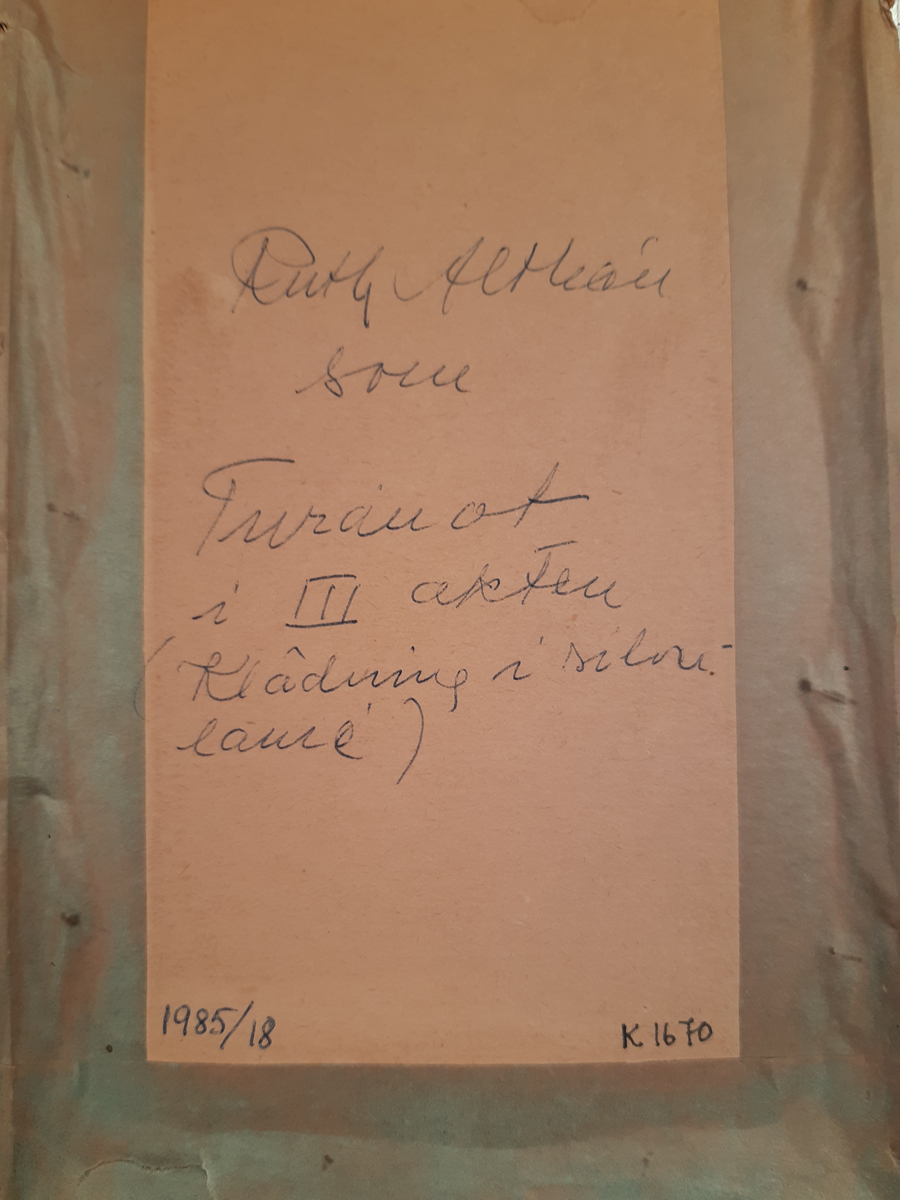 Inramad teckning, kostymskiss, i silverfärgad ram. Föreställer en asiatisk kvinna klädd i kinesisk dräkt i vitt, ljus- och mörkblå. Hon har uppsat svart hår och en blå hårdekoration.
