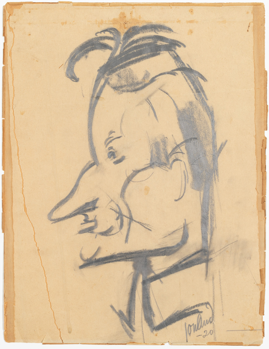 Ansiktsporträtt av man i profil till vänster. Han har en stor näsa och kraftigt käkparti.
