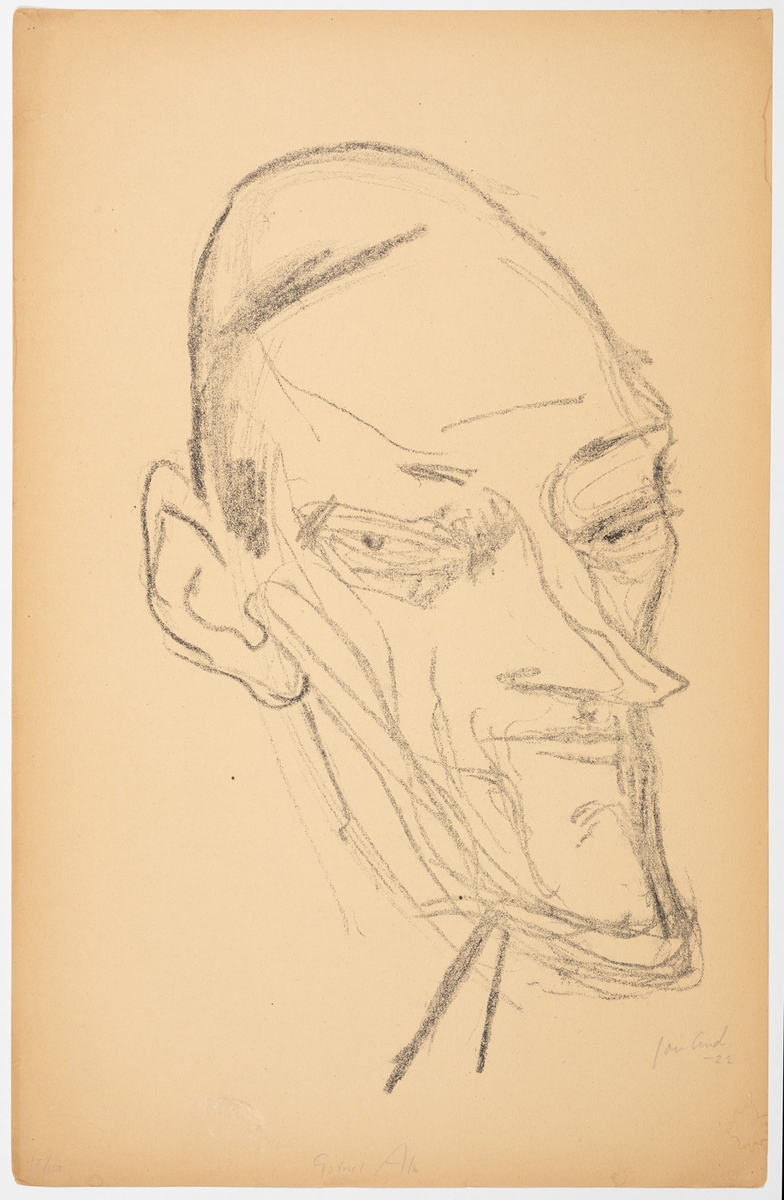 Ansiktsporträtt av äldre man i halvprofil till höger. Han är flintskallig och har en lång haka.
