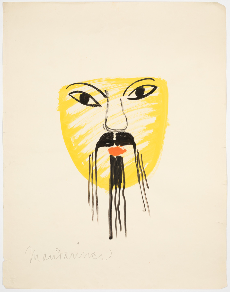 Kolorerad maskskiss till karaktären En mandarin. Mansansikte i gult och rött med lång hängande stripig mustasch och pipskägg i svart. 
