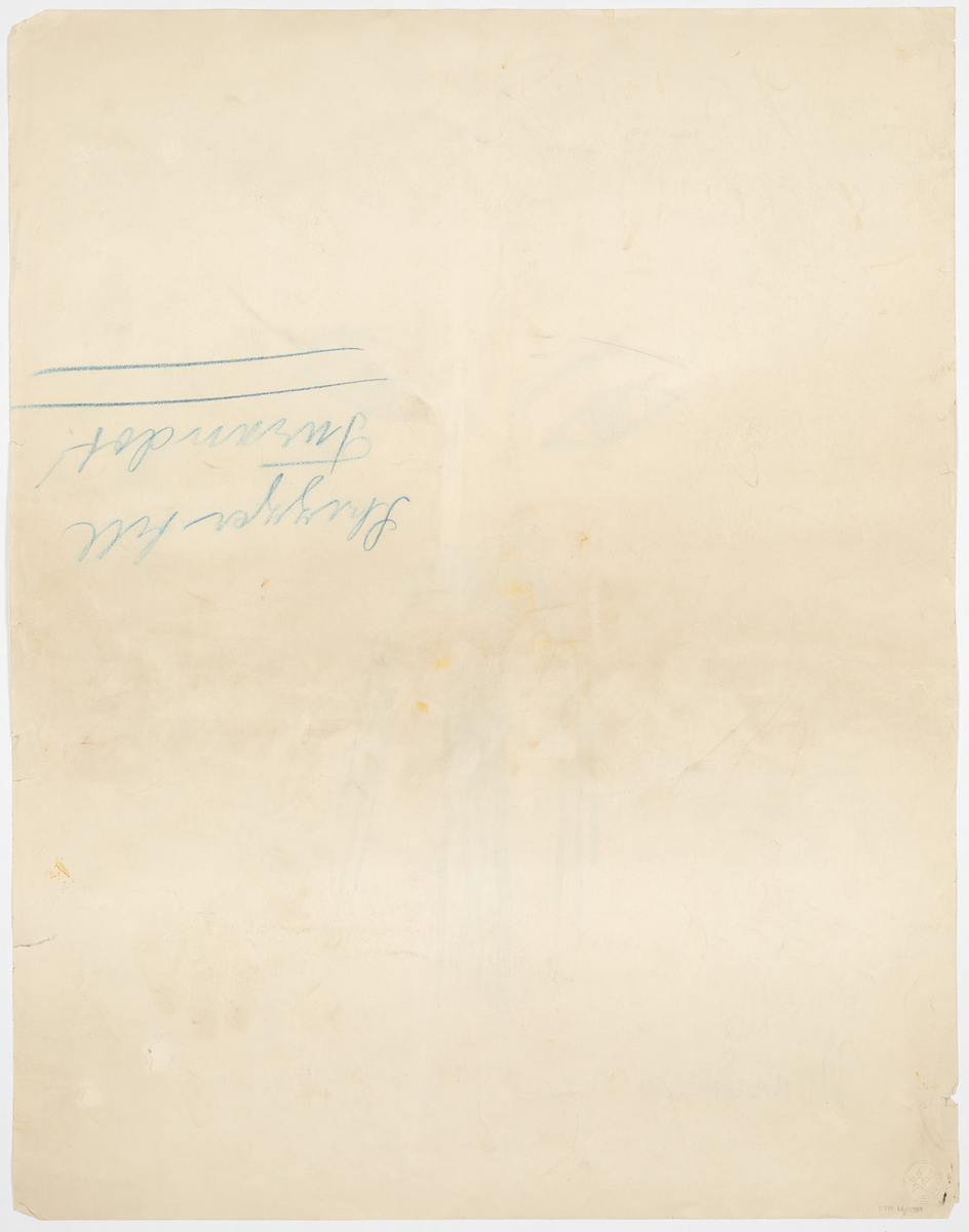 Kolorerad maskskiss till karaktären En mandarin. Mansansikte i gult och rött med lång hängande stripig mustasch och pipskägg i svart. 
