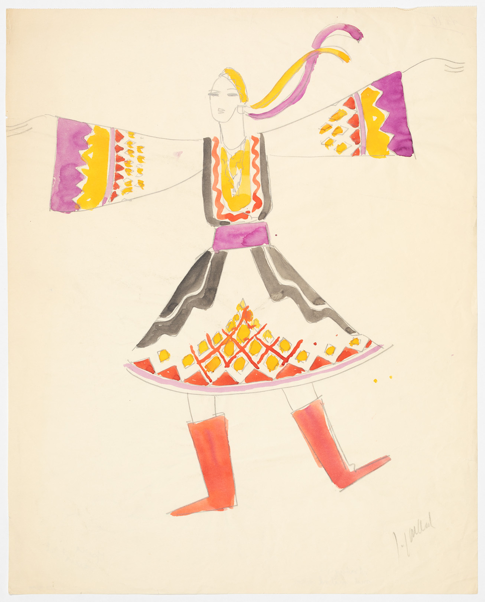 Kvinna i svart , lila, röd och gul klänning. långa ärmar som är vida nertill. Geometriskt mönster, brett lila bälte. Kjolen är knäkort och vid nertill. Gul hatt svarta stövlar. Hör sannolikt samman med 41,42,44/ 1989
