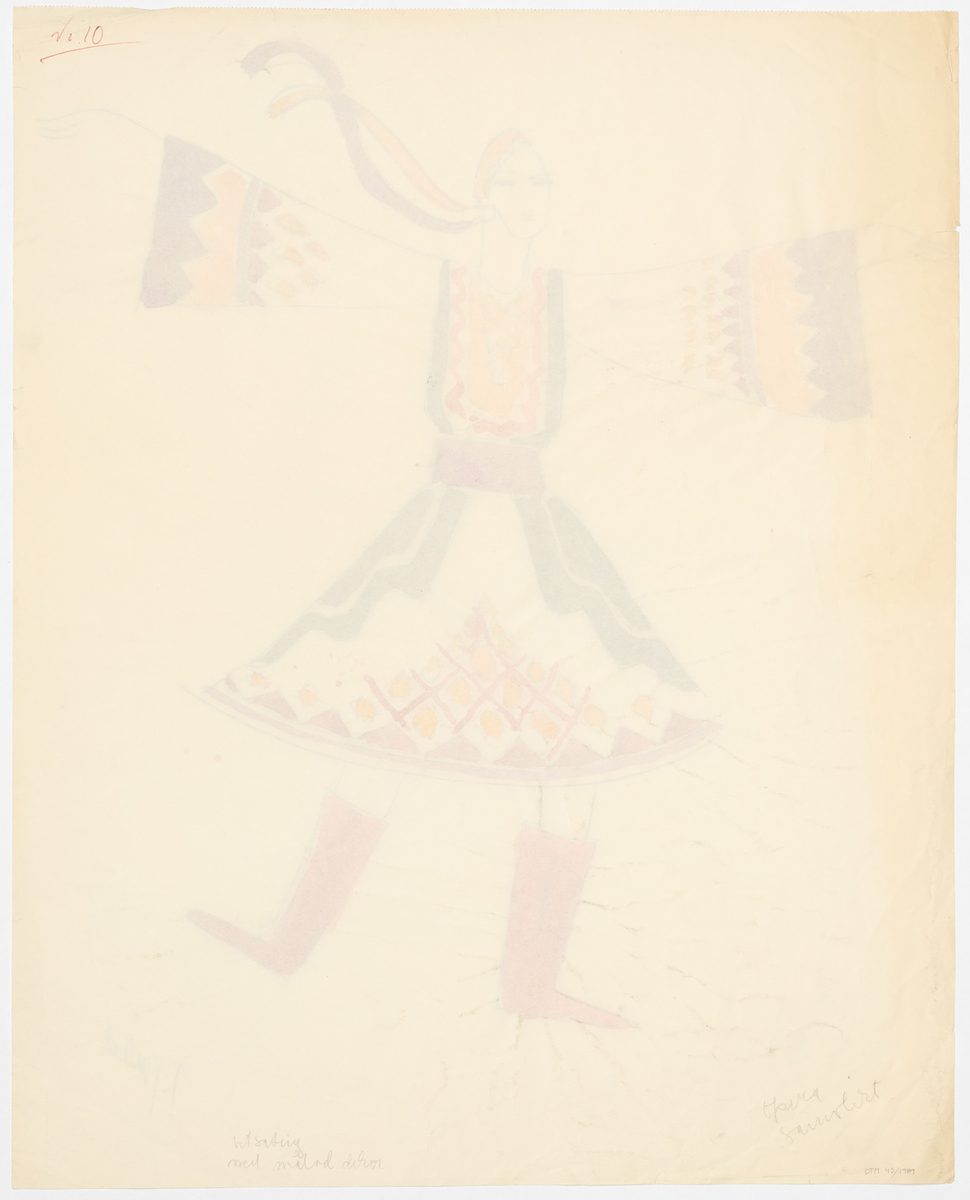 Kvinna i svart , lila, röd och gul klänning. långa ärmar som är vida nertill. Geometriskt mönster, brett lila bälte. Kjolen är knäkort och vid nertill. Gul hatt svarta stövlar. Hör sannolikt samman med 41,42,44/ 1989
